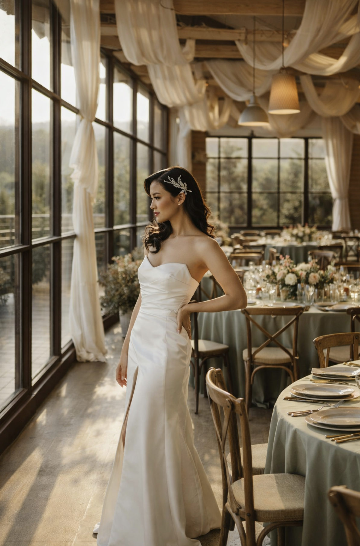 Mireasă într-un decor elegant de nuntă, într-un spațiu luminos pregătit pentru recepție